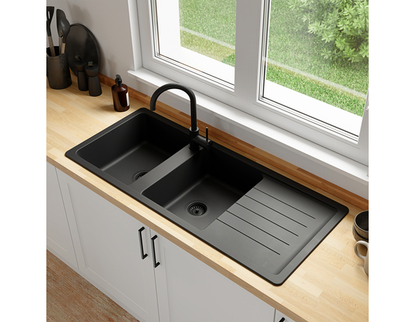 Evier quartz, rectangulaire 2 bacs noir, égouttoir réversible ALLAIRE - 116x50x28,2 cm - Cooke and Lewis - Brico Dépôt