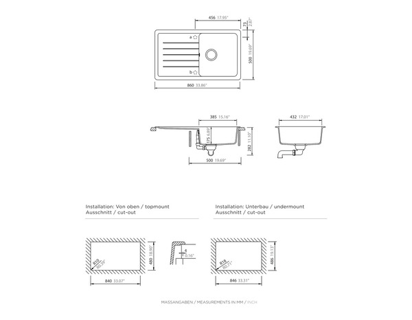 Evier quartz, rectangulaire 1 bac blanc, égouttoir réversible ALLAIRE - 86x50x28,2 cm - Cooke and Lewis - Brico Dépôt