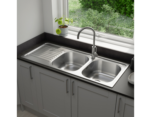 Evier inoxydable 2 bacs gris, égouttoir réversible 116x50x15 cm - Brico Dépôt