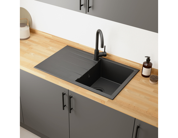 Evier résine, rectangulaire 1 bac noir, égouttoir réversible 80x50x21 cm - Cooke and Lewis - Brico Dépôt