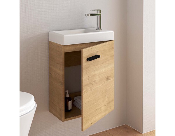 Ensemble meuble lave-mains suspendu AURLANE STAN 40 cm couleur bois + vasque blanche + miroir - Brico Dépôt