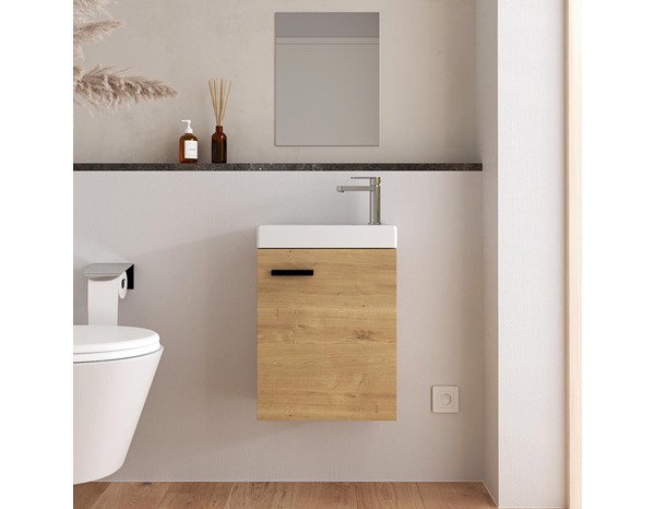 Ensemble meuble lave-mains suspendu AURLANE STAN 40 cm couleur bois + vasque blanche + miroir - Brico Dépôt