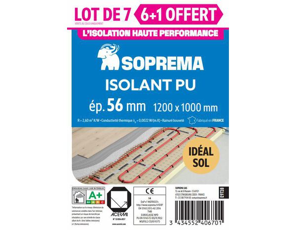 Lot de 7 (6+1 offerte ) panneau polyuréthane, mousse rigide R.2,6 m²K/W - L.120 x  l.100 x Ep.5,6 cm - Soprema - Brico Dépôt