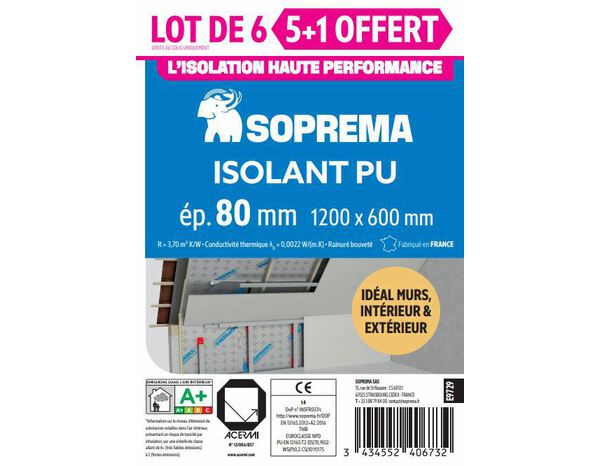 Lot de 6 (5+1 offerte) panneau polyuréthane, aluminium R.3,70 m²K/W - L.120 x l.60 x Ep.8 cm - Soprema - Brico Dépôt