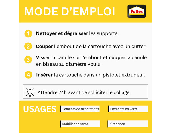 Mastic colle fixation verre - Cartouche 300 gr - Pattex - Brico Dépôt