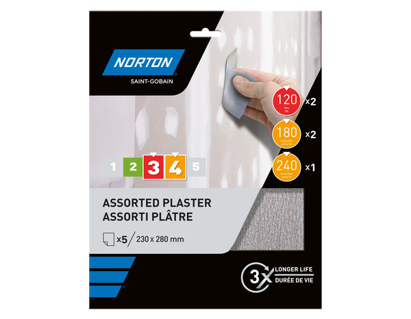 5 feuilles abrasives plâtre et enduits grains assortis - Norton - Brico Dépôt