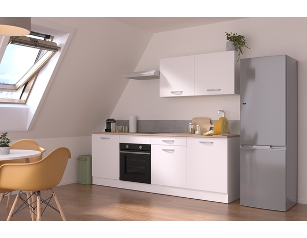 Cuisine en kit ELYA blanc mat et plan de travail imitation chêne clair - L.240cm x P.60cm x Ep.22mm - Brico Dépôt