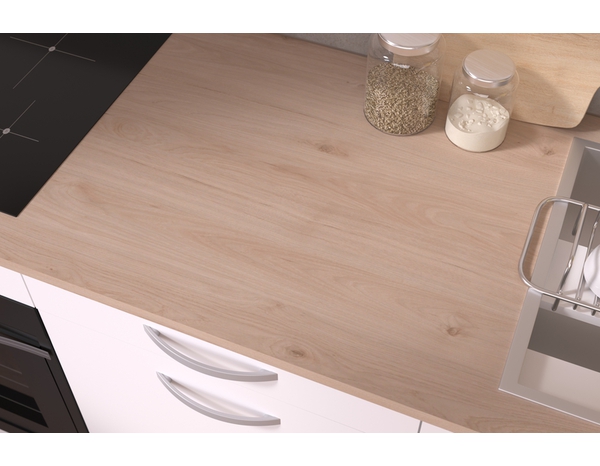 Cuisine en kit ELYA blanc mat et plan de travail imitation chêne clair - L.240cm x P.60cm x Ep.22mm - Brico Dépôt