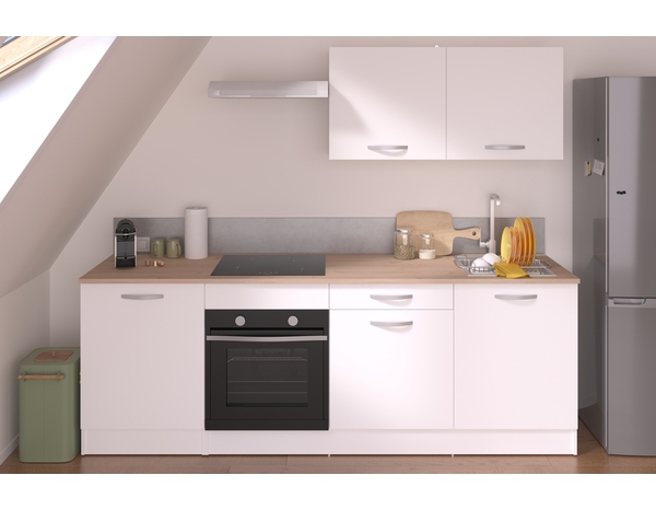 Cuisine en kit ELYA blanc mat et plan de travail imitation chêne clair - L.240cm x P.60cm x Ep.22mm - Brico Dépôt