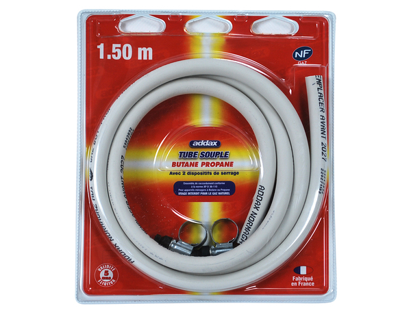 Tuyau de gaz flexible 1,5 m 6x12 mm avec 2 colliers de serrage pour butane propane - Addax - Brico Dépôt