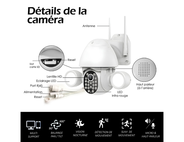 Caméra motorisé extérieure 5mp connectée + 2 phrases LED + carte 16GO - Brico Dépôt