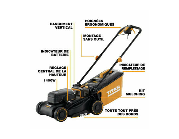 Tondeuse électrique 1400 W coupe 34 cm hauteur réglable mulching - Titan - Brico Dépôt