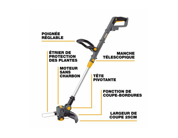 Coupe-bordures sans fil 18V largeur 25 cm manche télescopique - Titan - Brico Dépôt