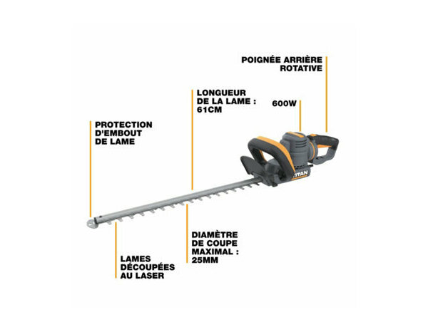 Taille-haie électrique TTB1180GHT lame 61 cm gris et jaune coupe 25 mm - Titan - Brico Dépôt