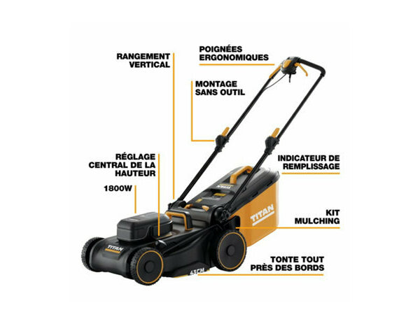 Tondeuse électrique 1800 W coupe 43 cm mulching rangement vertical poignée télescopique - Titan - Brico Dépôt
