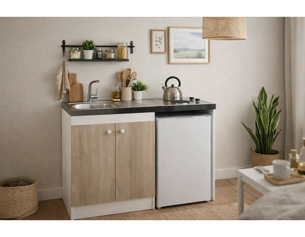 Cuisinette électrique blanche porte couleur chêne (évier, 2 feux et réfrigérateur) - H.910 x L.1200 x P.600 mm - Brico Dépôt