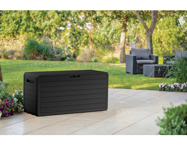 Coffre 270L en résine noire finition imitation bois pour rangement extérieur ATLAS - Keter - Brico Dépôt