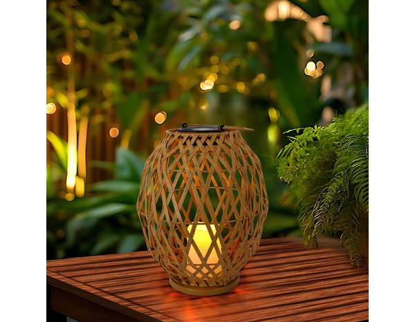 Lanterne solaire LED bambou effet rotin 3000 K IP44 hauteur 35 cm diamètre 22 cm - Brico Dépôt