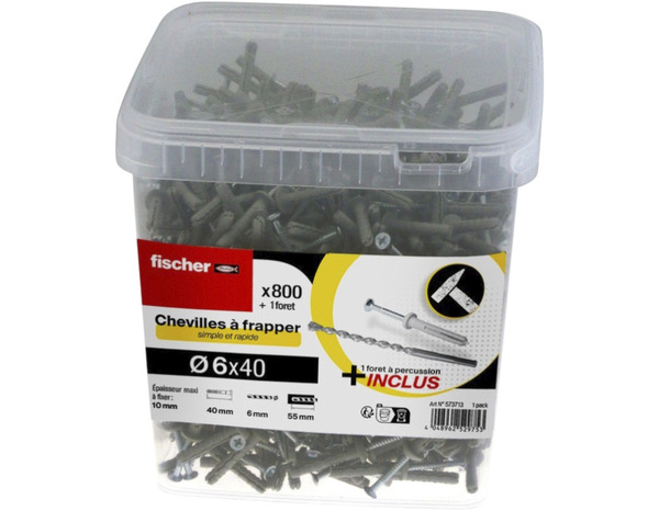 Seau de 800 chevilles à frapper 6 x 40 mm avec clou acier électrozingué - Fischer - Brico Dépôt