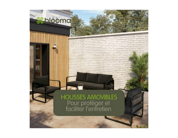 Salon de jardin 5 places en acier noir mat avec coussins gris OSMA - Marque BLOOMA - Brico Dépôt