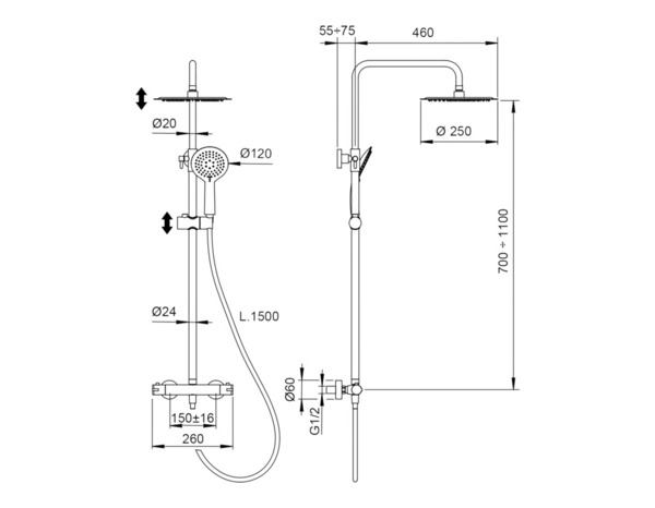 Colonne de douche mural thermostatique or brossé 110 x 26 x 46 cm - Cooke and Lewis - Brico Dépôt