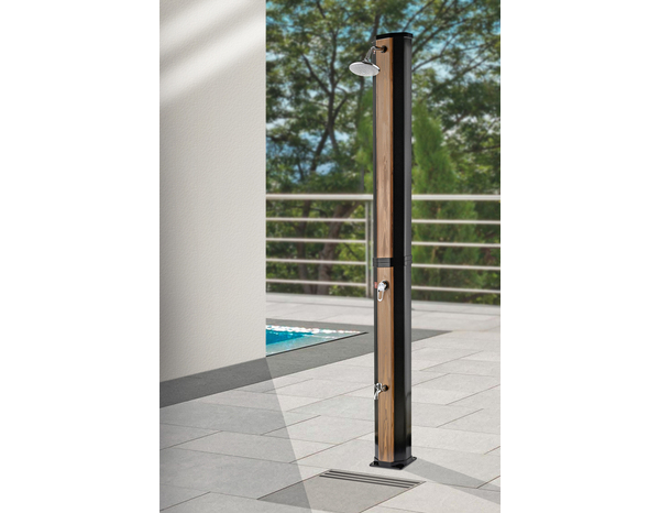 Douche solaire imitation bois 60 L avec pomme de douche et robinet lave-pieds - Brico Dépôt