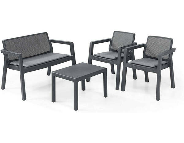 Salon de jardin 4 places effet rotin gris avec table basse fauteuils empilables - Brico Dépôt