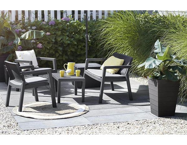 Salon de jardin 4 places effet rotin gris avec table basse fauteuils empilables - Brico Dépôt