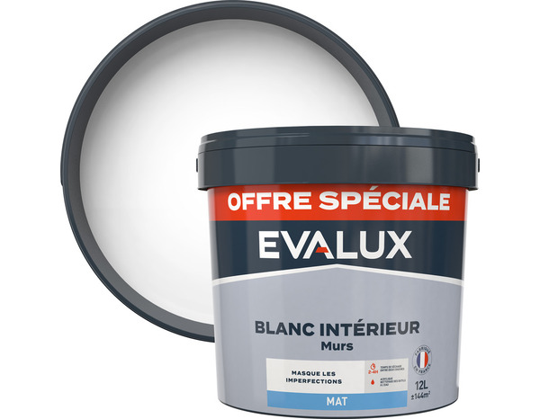 Peinture intérieure blanche satin murs et plafonds 12 L - Evalux - Brico Dépôt