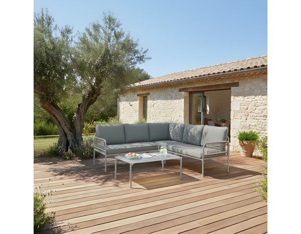 Salon de jardin d’angle 5 places métal vert lichen avec coussins - Brico Dépôt