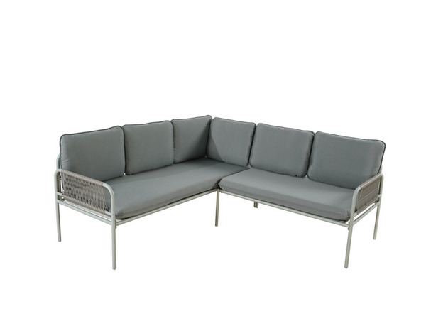 Salon de jardin d’angle 5 places métal vert lichen avec coussins - Brico Dépôt