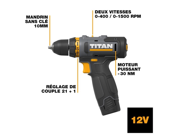 Perceuse visseuse sans fil 12 V mandrin 10 mm couple 30 Nm - Titan - Brico Dépôt