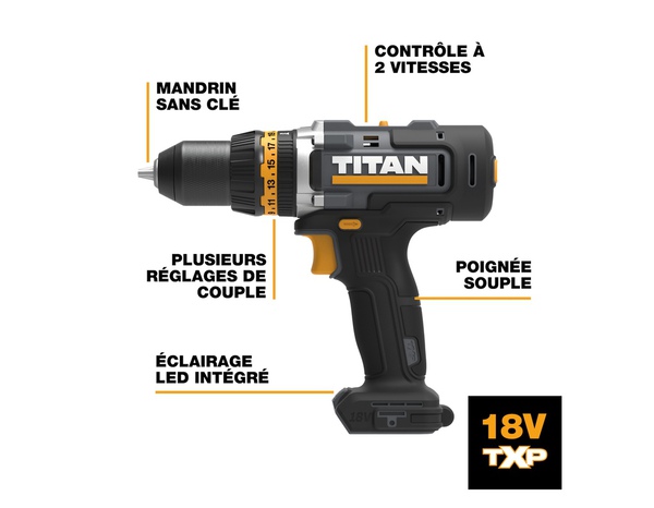 Perceuse visseuse à percussion sans fil 18 V 2 vitesses batterie 2 Ah - Titan - Brico Dépôt