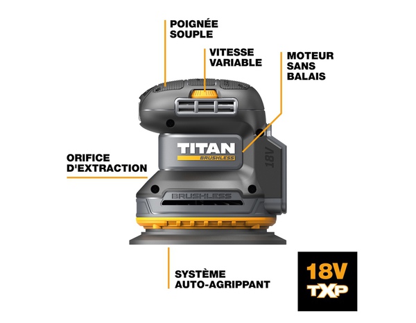 Ponceuse excentrique sans fil 18 V diamètre 125 mm vitesse variable 6 positions - Titan - Brico Dépôt