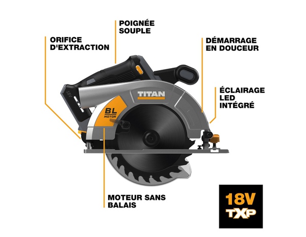 Scie circulaire sans fil 18 V brushless lame 165 mm et coupe 55 mm - Titan - Brico Dépôt