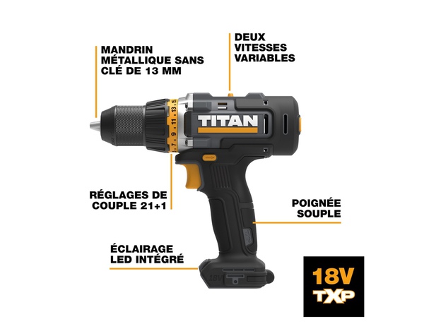 Perceuse visseuse sans fil 18 V 50 Nm 2 vitesses - Titan - Brico Dépôt