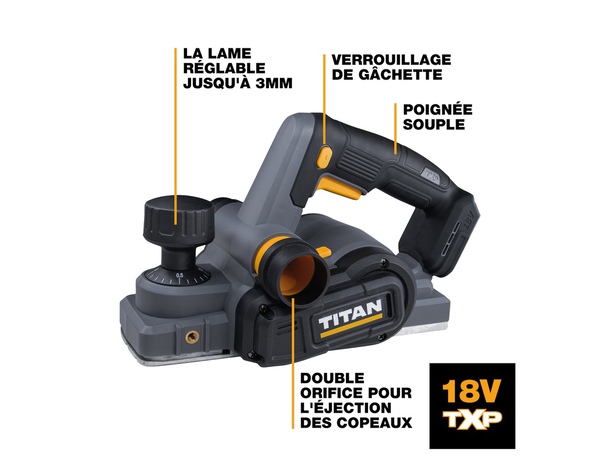 Rabot sans fil 18 V largeur 82 mm profondeur 2 mm feuillure 8 mm - Titan - Brico Dépôt