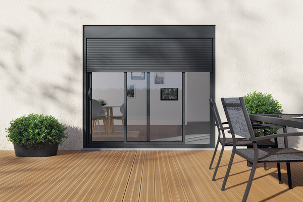 Baie aluminium coulissante grise + volet roulant motorisé haut. 215 x larg. 240 cm - Brico Dépôt